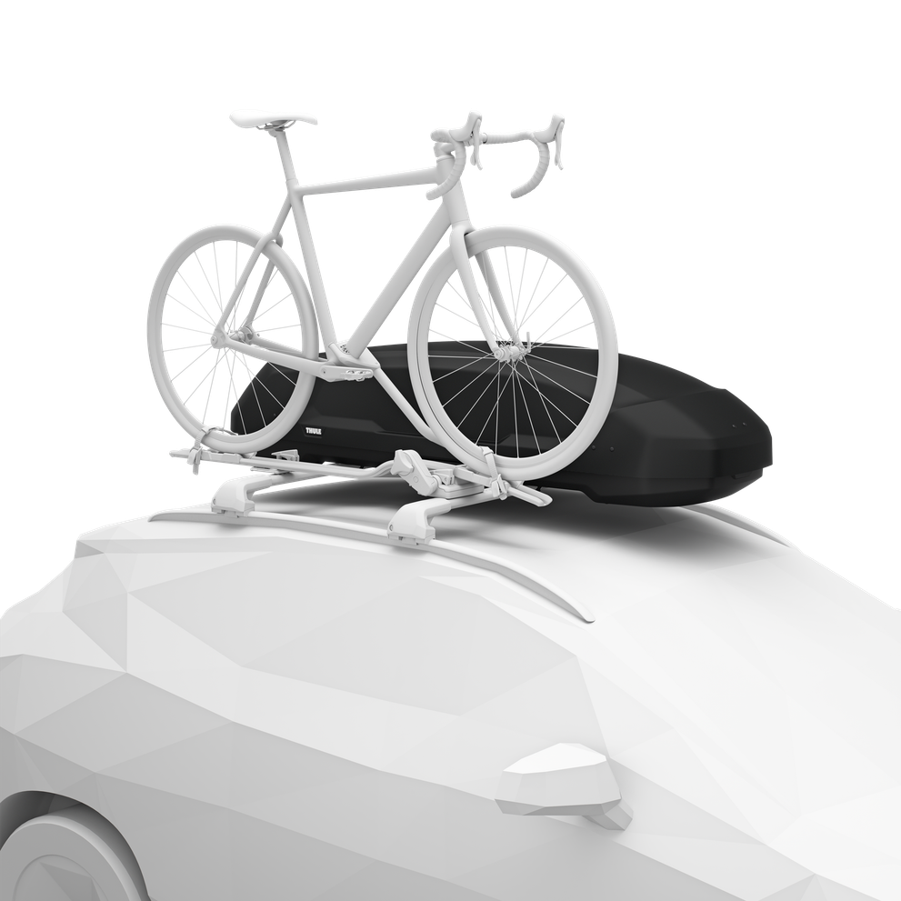 Cutie Thule Force 3 L Sport alături de un suport de bicicletă pe plafon
