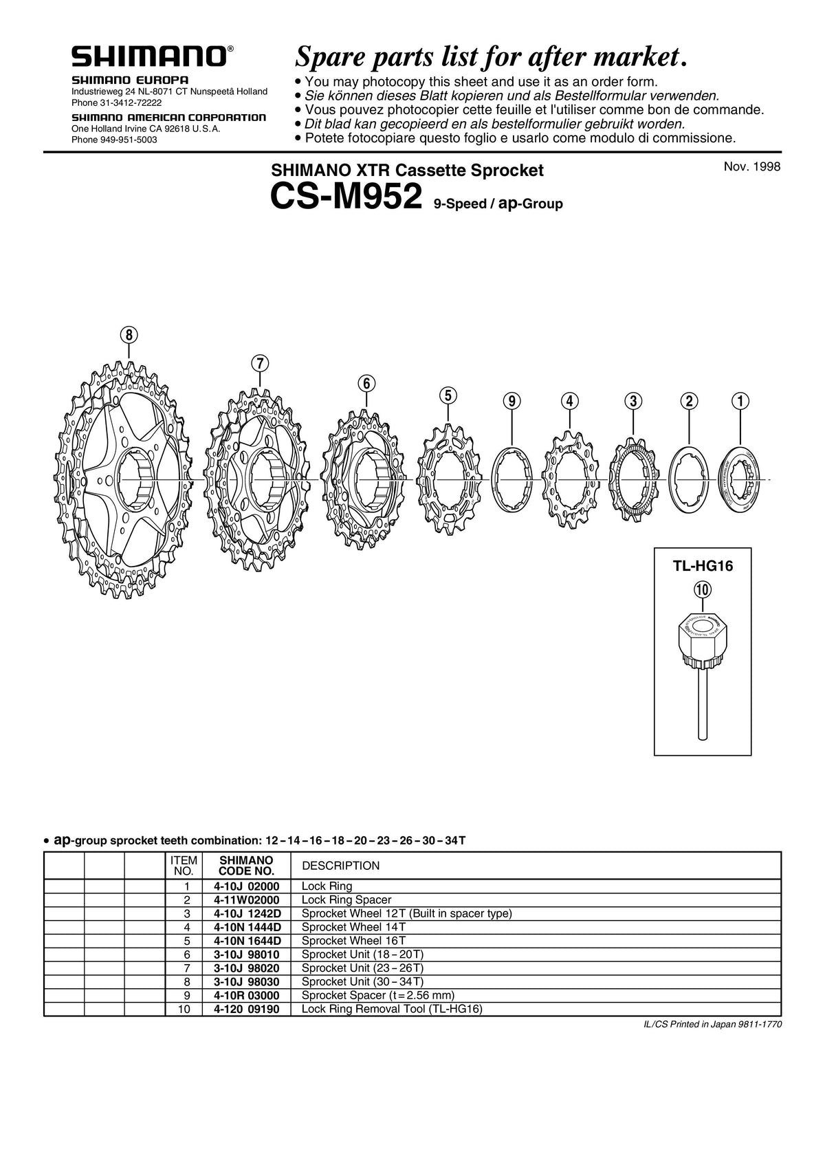 Sprocket SHIMANO CS-M952 30-34T