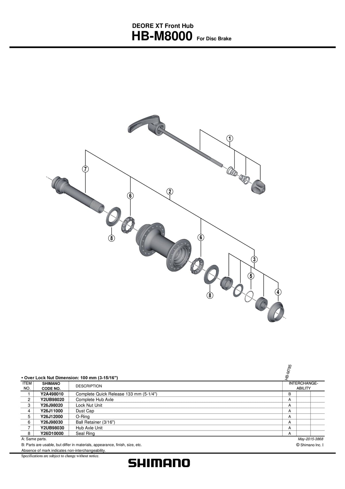 Quick Release Complet SHIMANO HB-M8000 133MM (5-1/4")