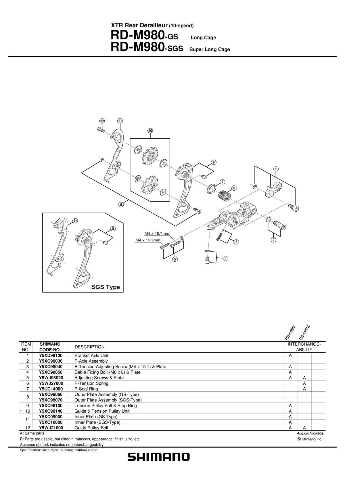 Placa Interioara SHIMANO RD-M980-SGS