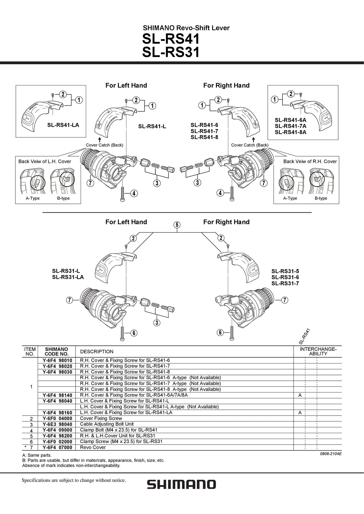 Capac Dreapta & Suruburi de Fixare pt. SL-RS41-6A/7A/8A SHIMANO