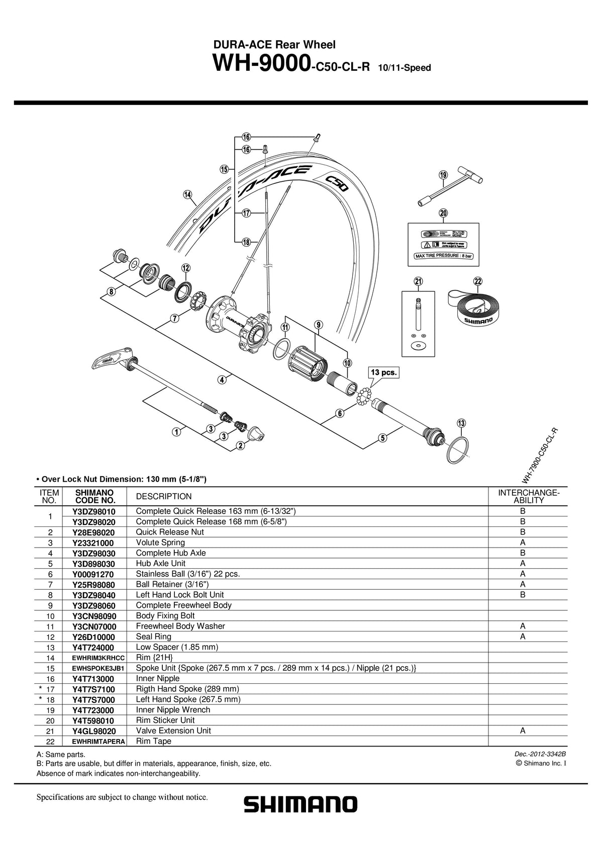 Spita Dreapta SHIMANO WH-9000-C50-CL-R 289MM