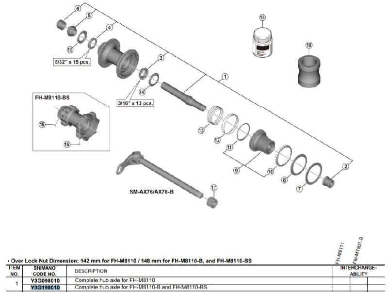 Ax Complet pt. Butuc SHIMANO pt. FH-M8110B 148MM