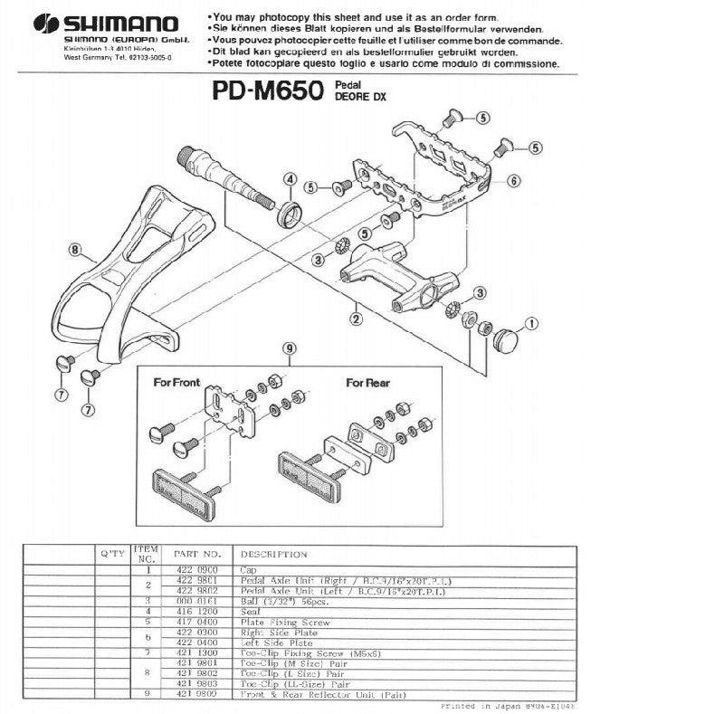 Ax Pedala SHIMANO PD-M650 Dreapta B.C.9/16" X 20T.P.I