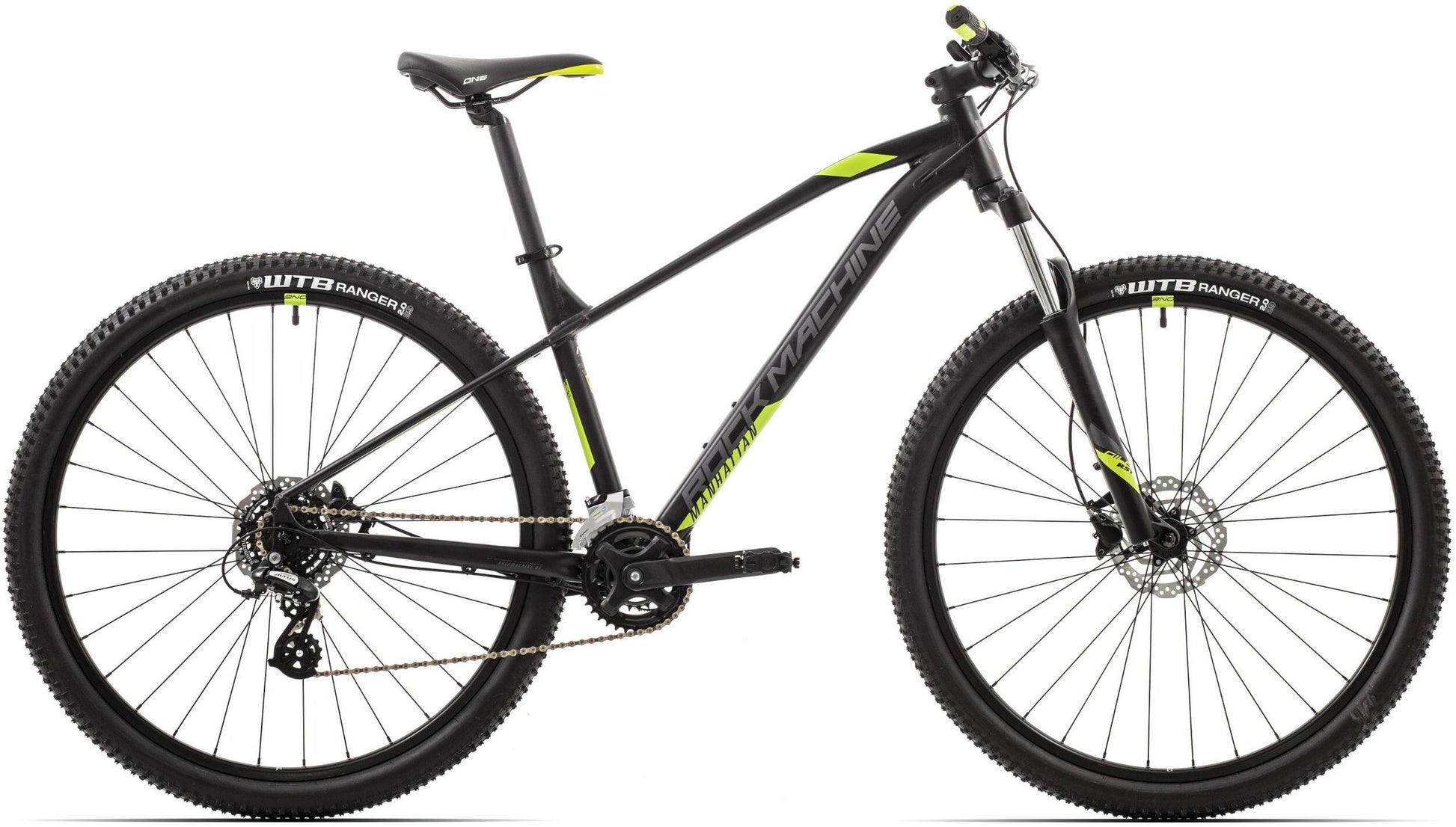 bicicleta rock machine manhattan 40 29 29 matte black grey radioactive yellow 150 s scaled