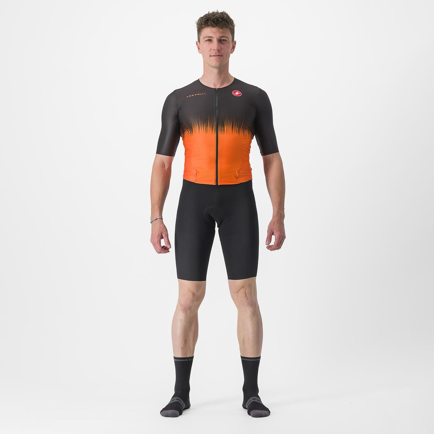 costum de triatlon cu maneca scurta castelli sanremo ultra negru portocaliu m