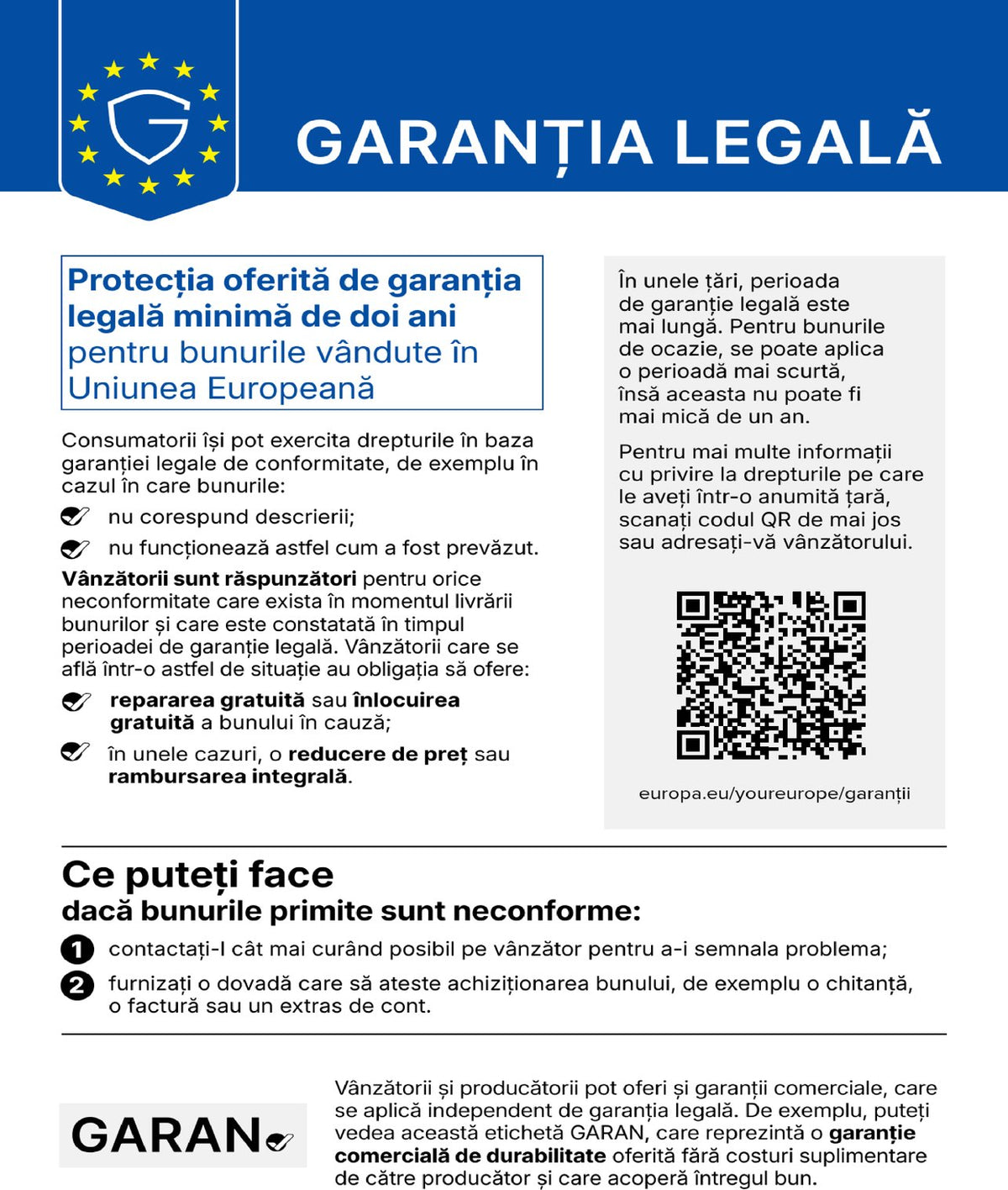 Notificare privind garanția legală de conformitate în Uniunea Europeană