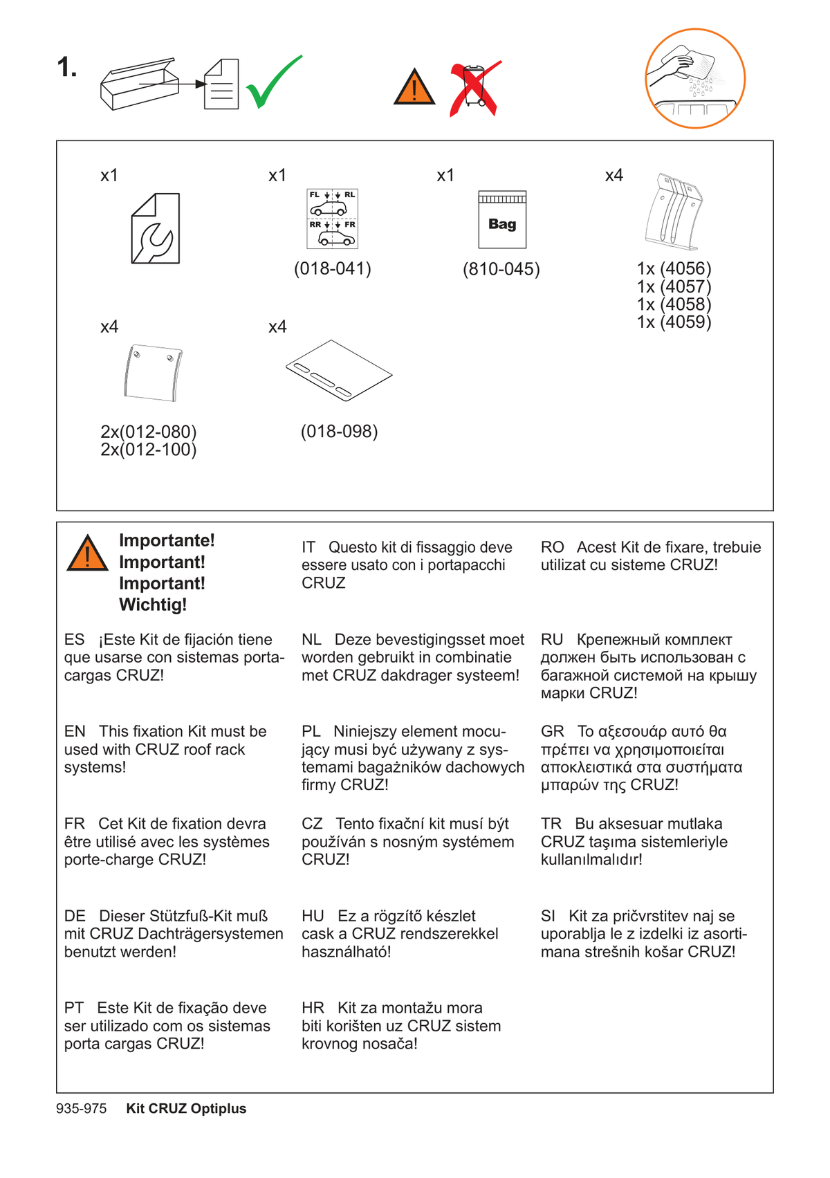 Kit CRUZ 935-975 – instrucțiuni de montaj: piesele din cutie