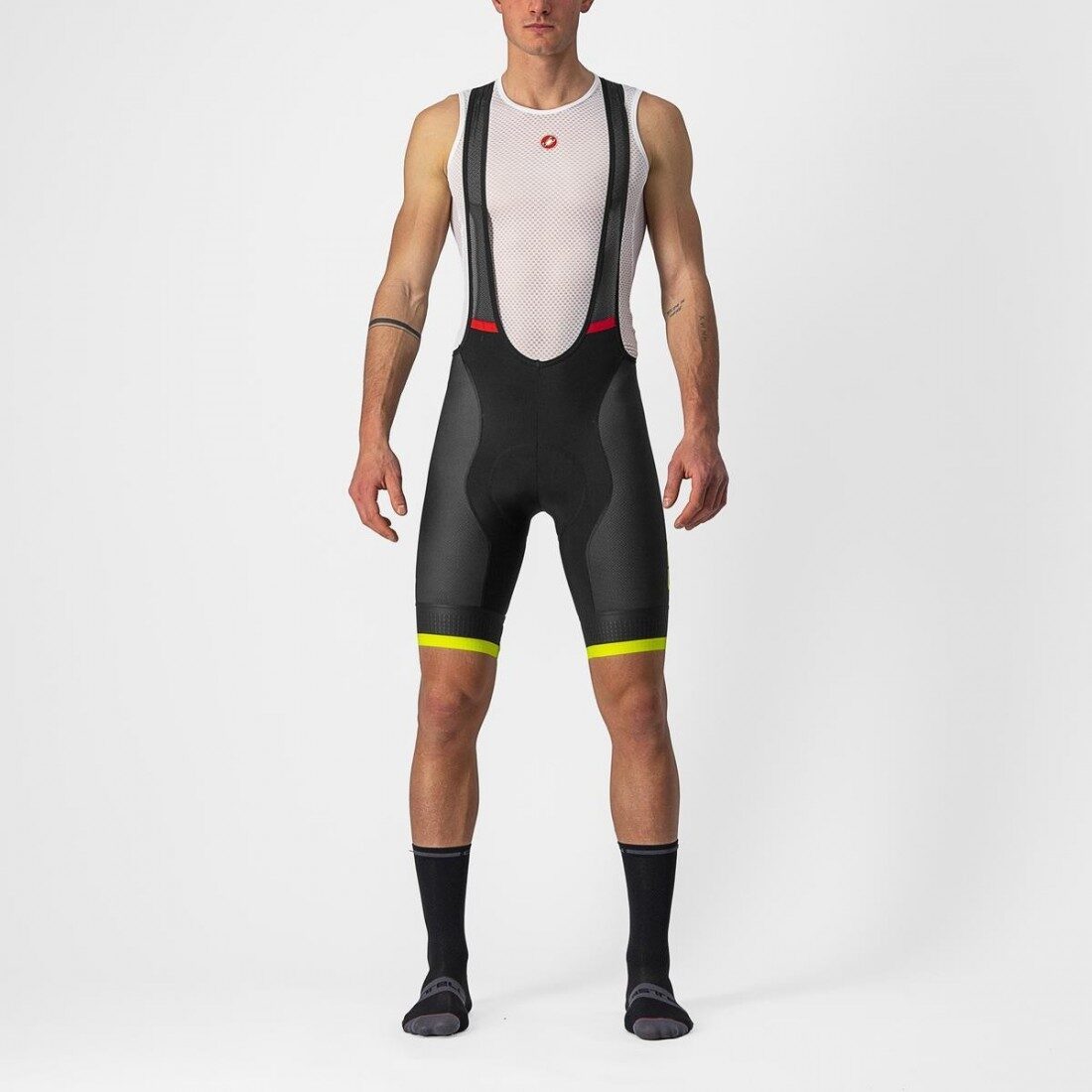pantaloni scurti cu bretele castelli competizione kit negru galben fluo xxxl