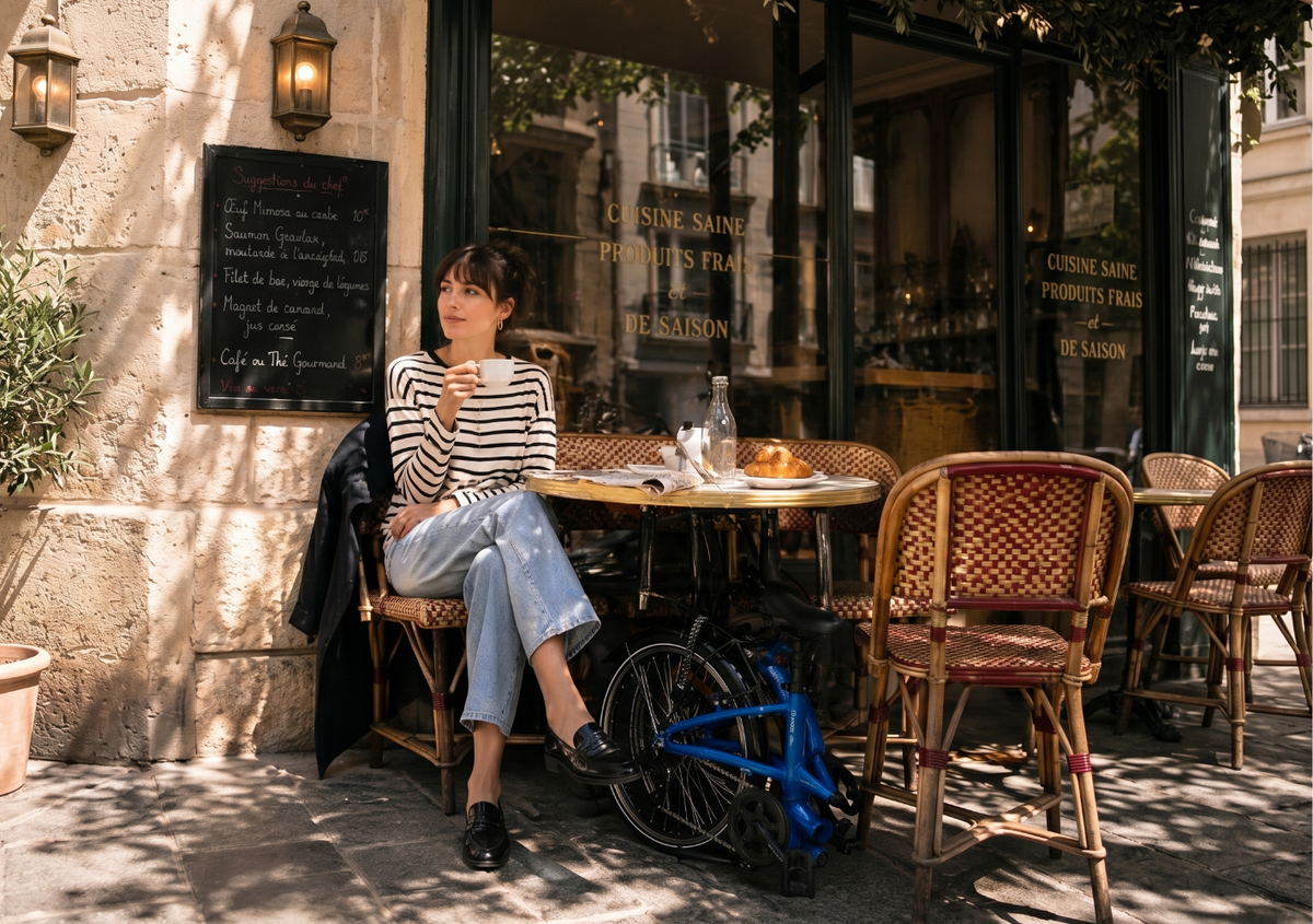 Dahon Briza D8 parcata la cafenea