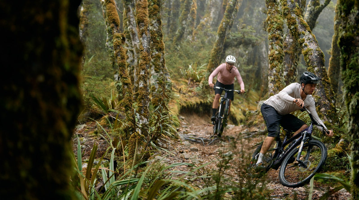 Doi bicicliști pe Santa Cruz Tallboy, printr-o pădure cu mușchi