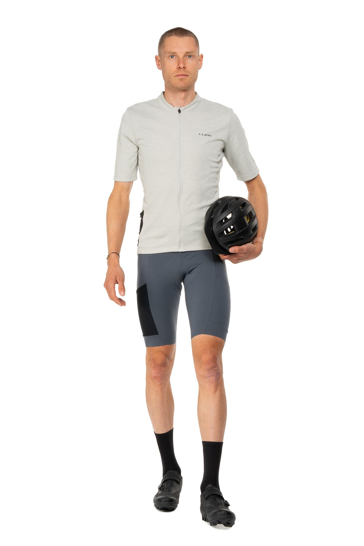 Tricou CUBE Gravel Full Zip Cargo S/S Light Grey pe model (176 cm, mărimea M) – față