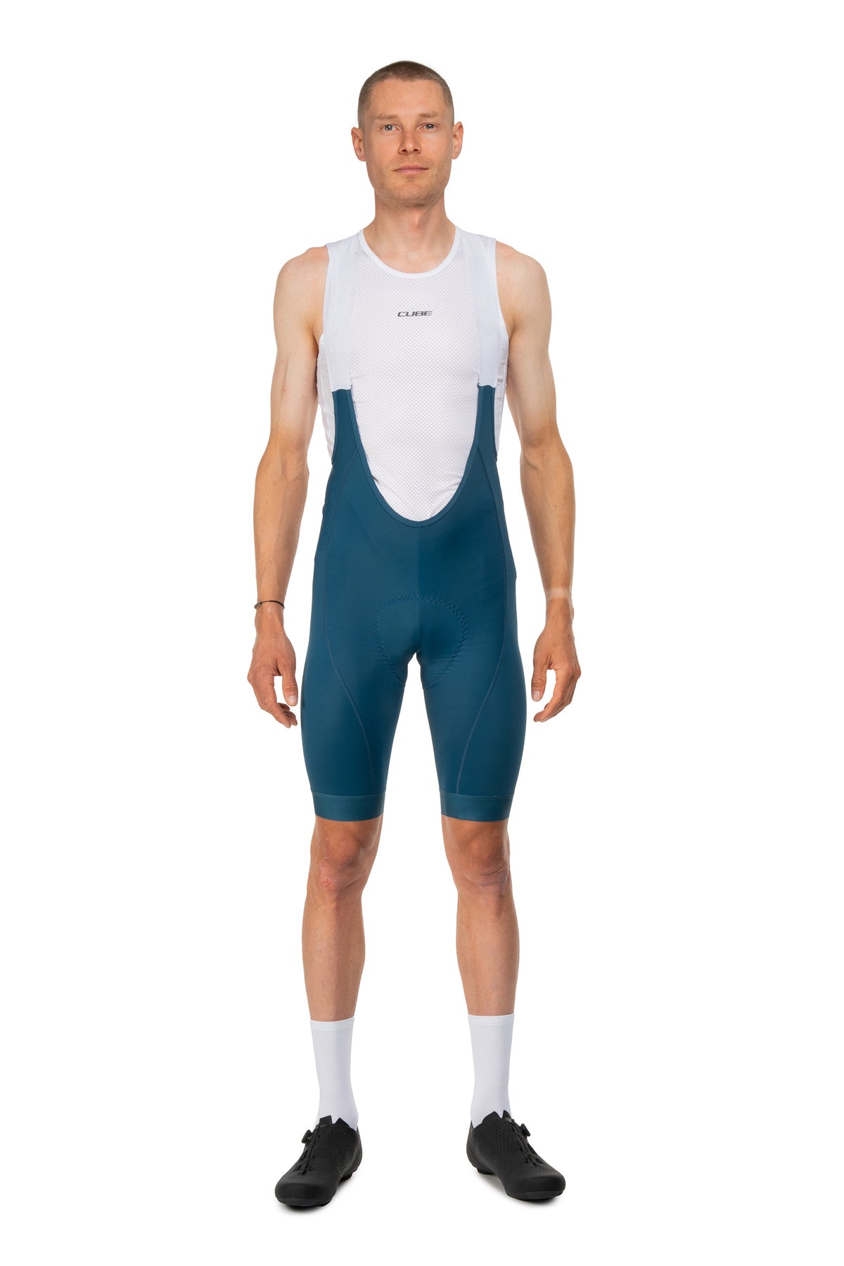 Pantaloni CUBE Road/XC Bib Short Petrol pe model (184 cm, mărimea M) – față