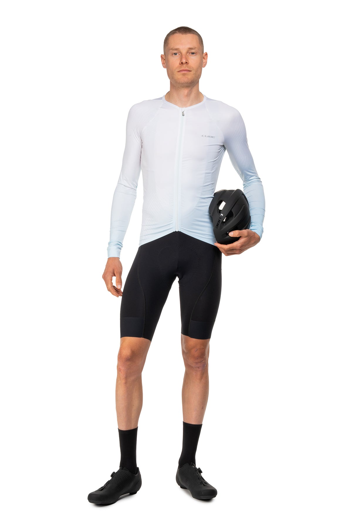 Bluză CUBE Road/XC Uv-protection L/S Turquoise pe model (184 cm, mărimea M) – față
