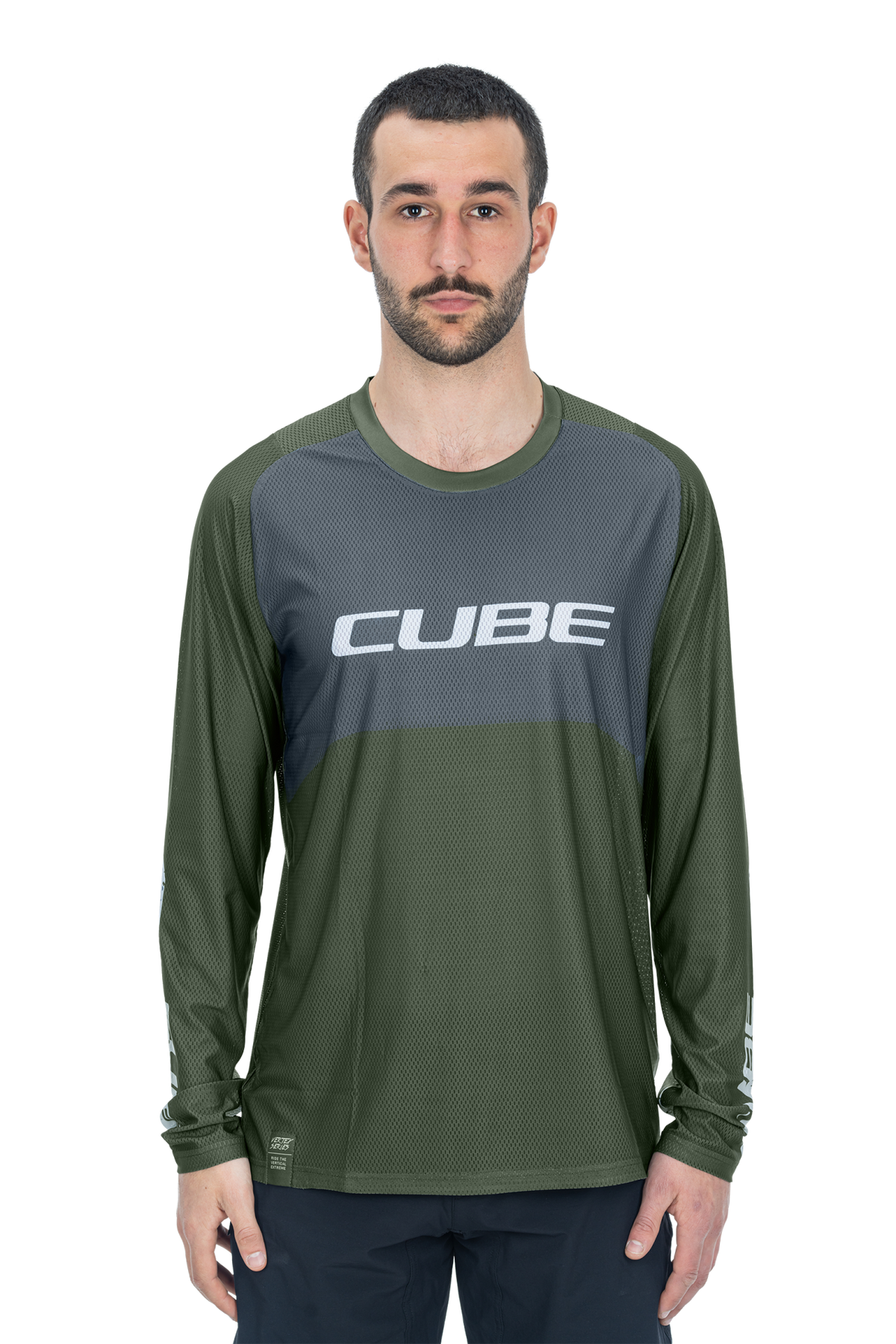 Tricou Ciclism CUBE Vertex Round Neck Jersey TM L/S Olive Grey